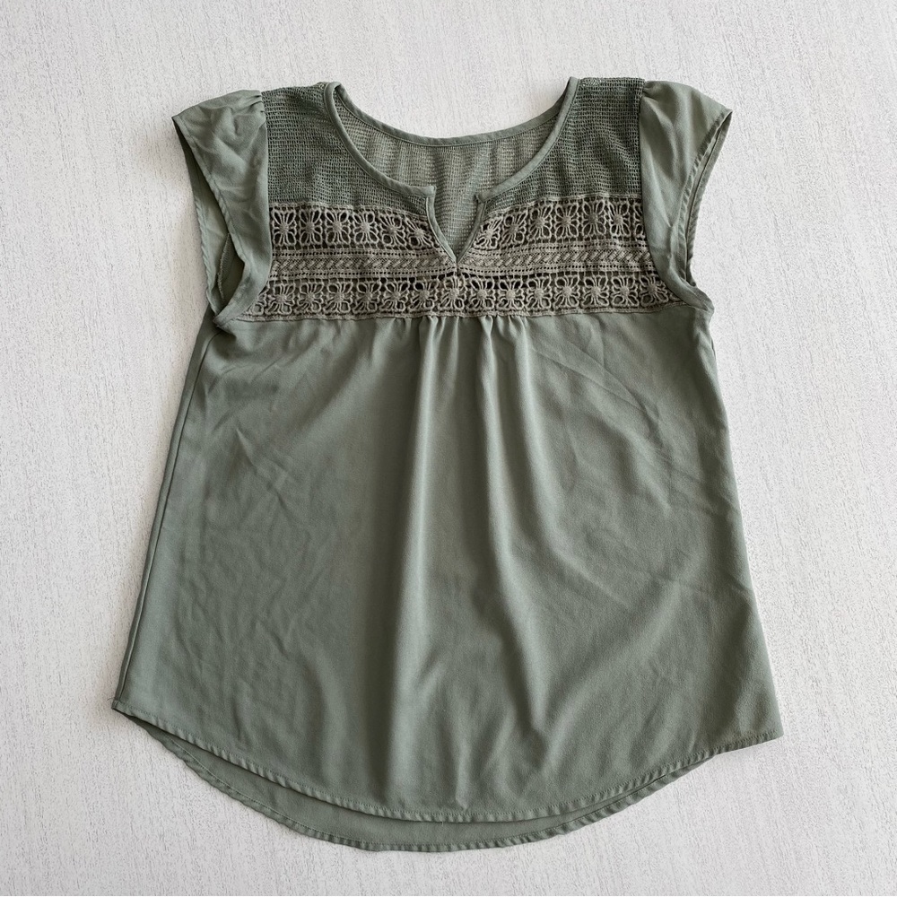 Women’s Sage Green Blouse with Lace/Mesh Detail